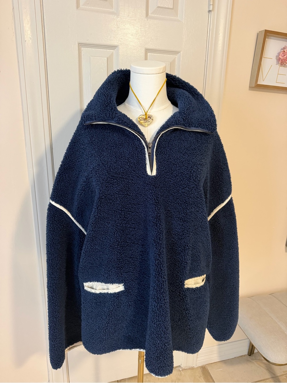 Tuckernuck Navy Teddy Sherpa Half-Zip Jacket with Cream Trim